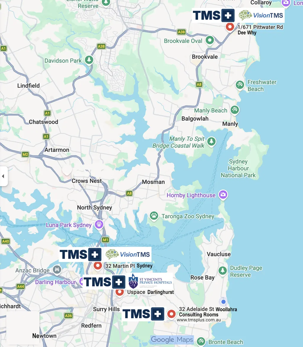 Map of TMS Plus and partner locations across Sydney: 32 Adelaide Street Woollahra, 32 Martin Place Sydney, Uspace Darlinghurst and Dee Why